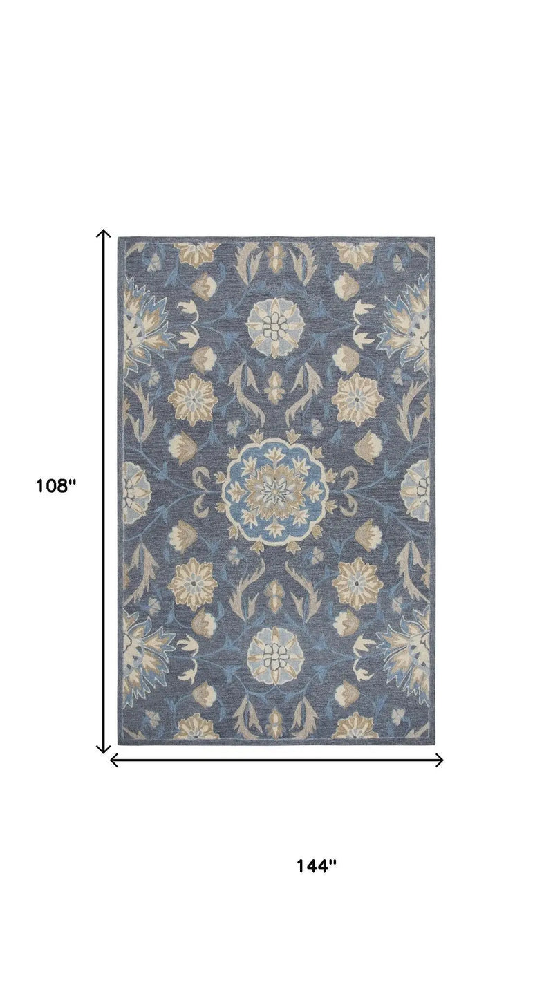 9' X 12' Dark Gray Blue And Tan Wool Floral Hand Tufted Area Rug Homeroots Home Decor