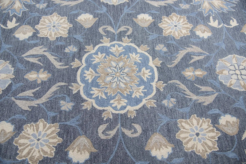 9' X 12' Dark Gray Blue And Tan Wool Floral Hand Tufted Area Rug Homeroots Home Decor