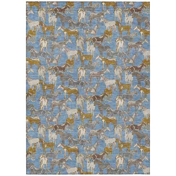9' X 12' Denim Blue And Beige Horse Washable Indoor Outdoor Area Rug Homeroots Outdoor