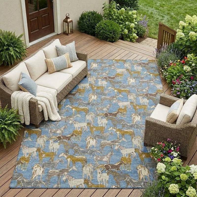 9' X 12' Denim Blue And Beige Horse Washable Indoor Outdoor Area Rug Homeroots Outdoor