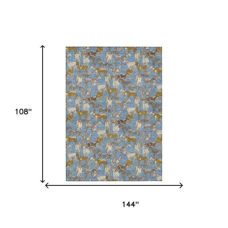 9' X 12' Denim Blue And Beige Horse Washable Indoor Outdoor Area Rug Homeroots Outdoor