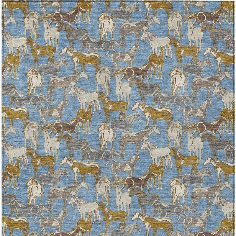 9' X 12' Denim Blue And Beige Horse Washable Indoor Outdoor Area Rug Homeroots Outdoor