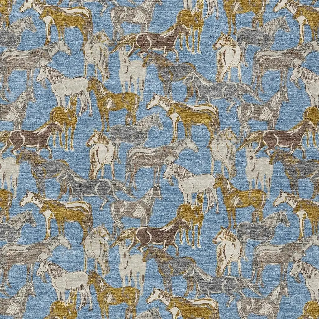 9' X 12' Denim Blue And Beige Horse Washable Indoor Outdoor Area Rug Homeroots Outdoor