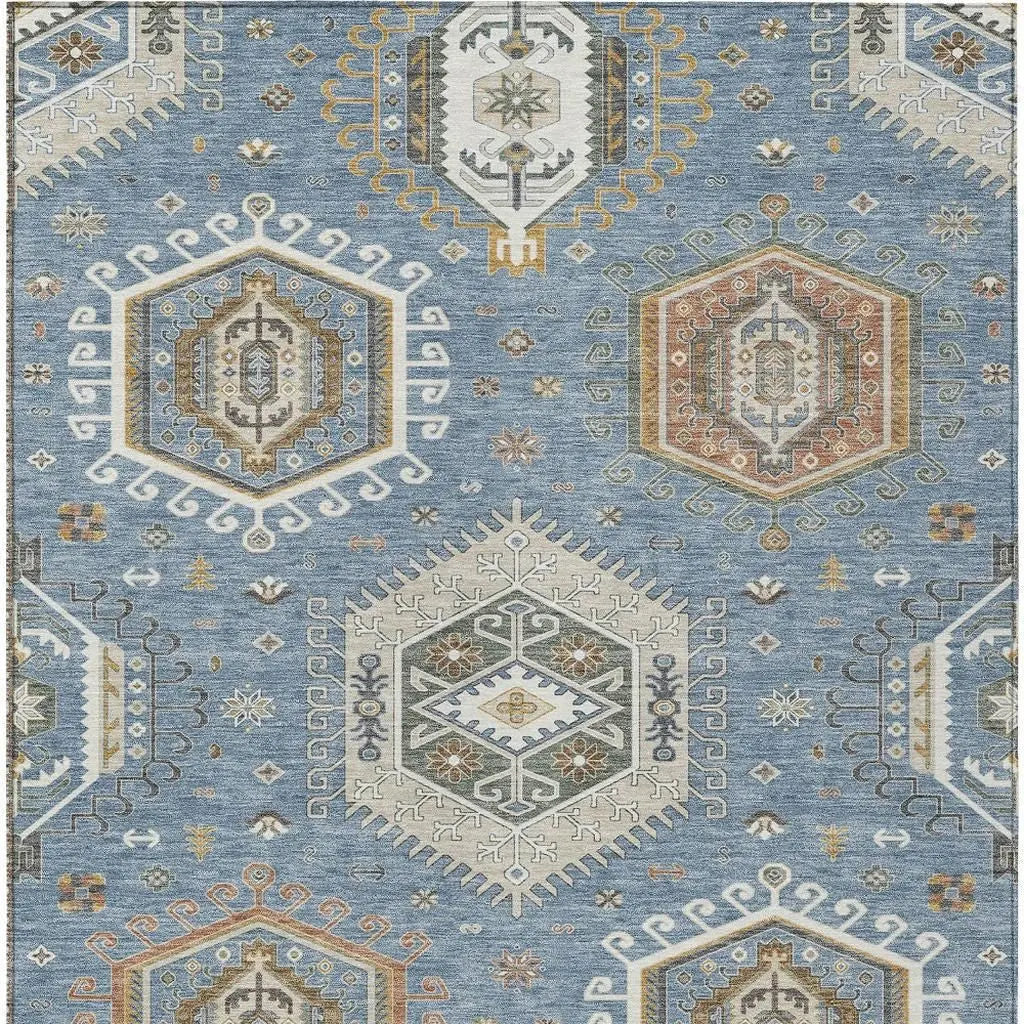 9' X 12' Denim Blue And Beige Tribal Washable Indoor Outdoor Area Rug Homeroots Outdoor