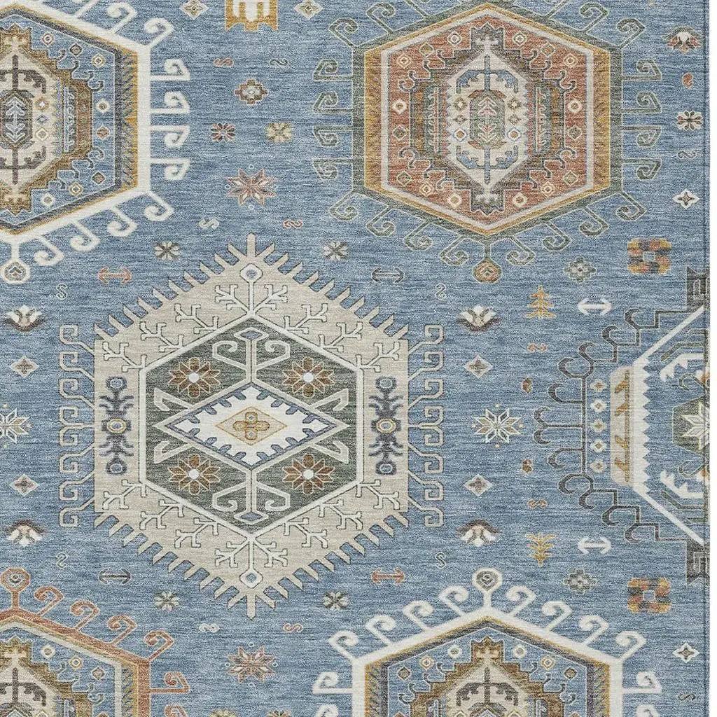 9' X 12' Denim Blue And Beige Tribal Washable Indoor Outdoor Area Rug Homeroots Outdoor