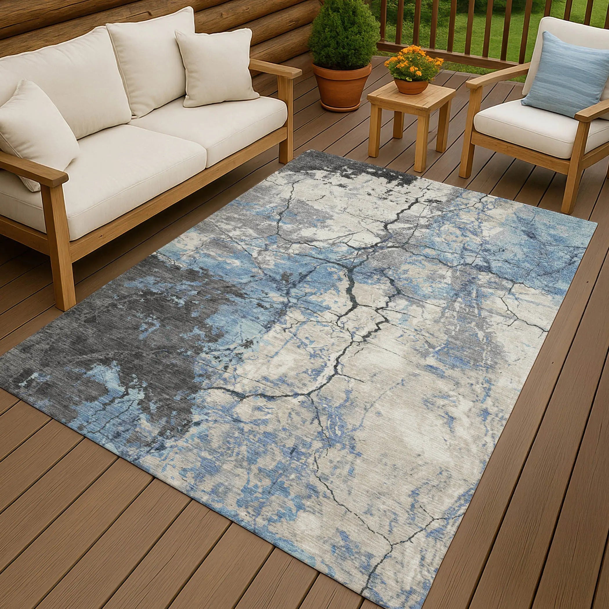9' X 12' Denim Blue And Blue Abstract Washable Indoor Outdoor Area Rug Homeroots Outdoor
