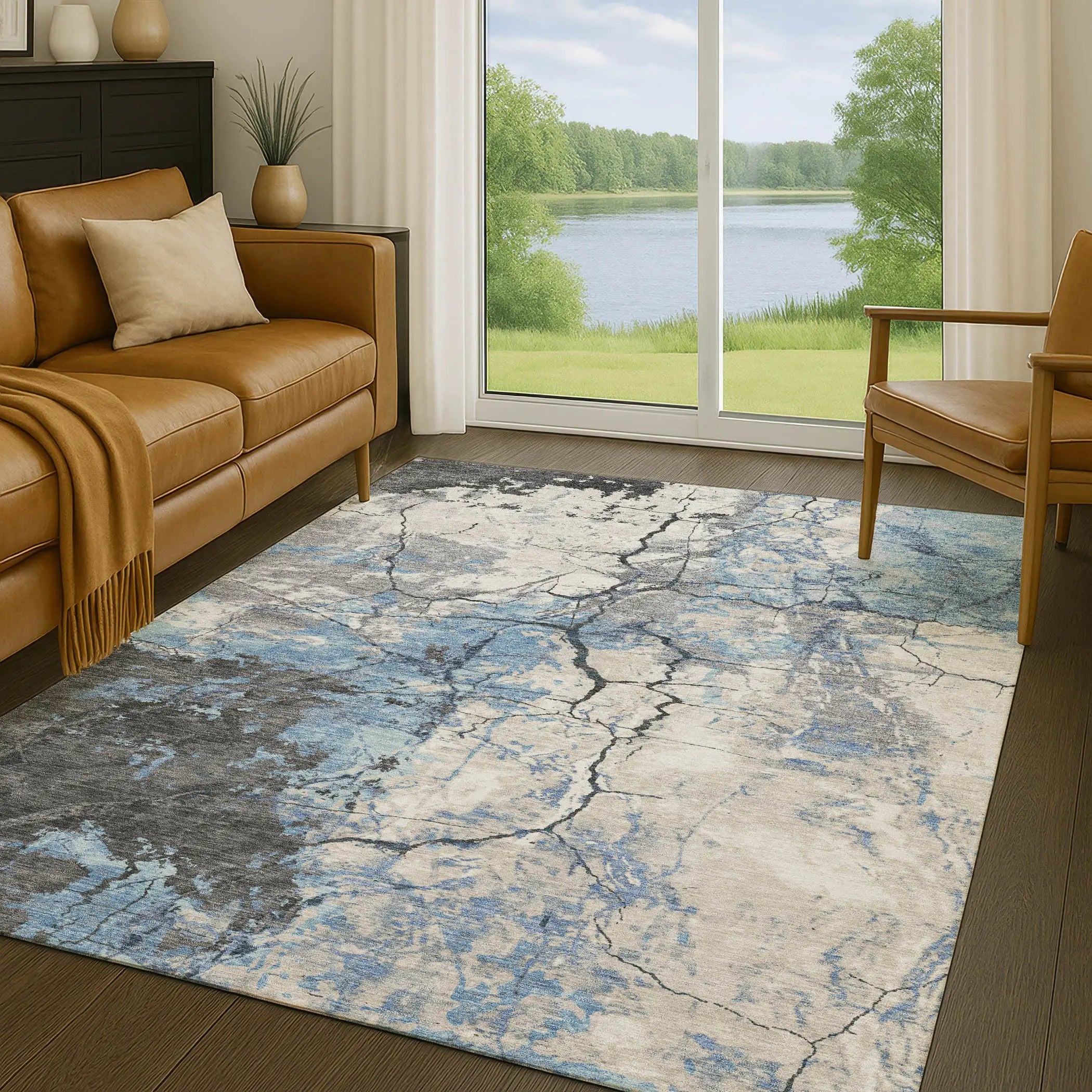 9' X 12' Denim Blue And Blue Abstract Washable Indoor Outdoor Area Rug Homeroots Outdoor