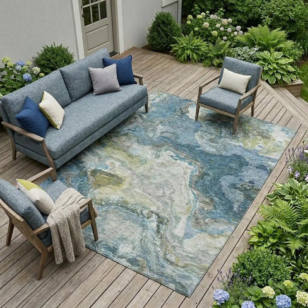 9' X 12' Denim Blue And Blue Abstract Washable Indoor Outdoor Area Rug Homeroots Outdoor
