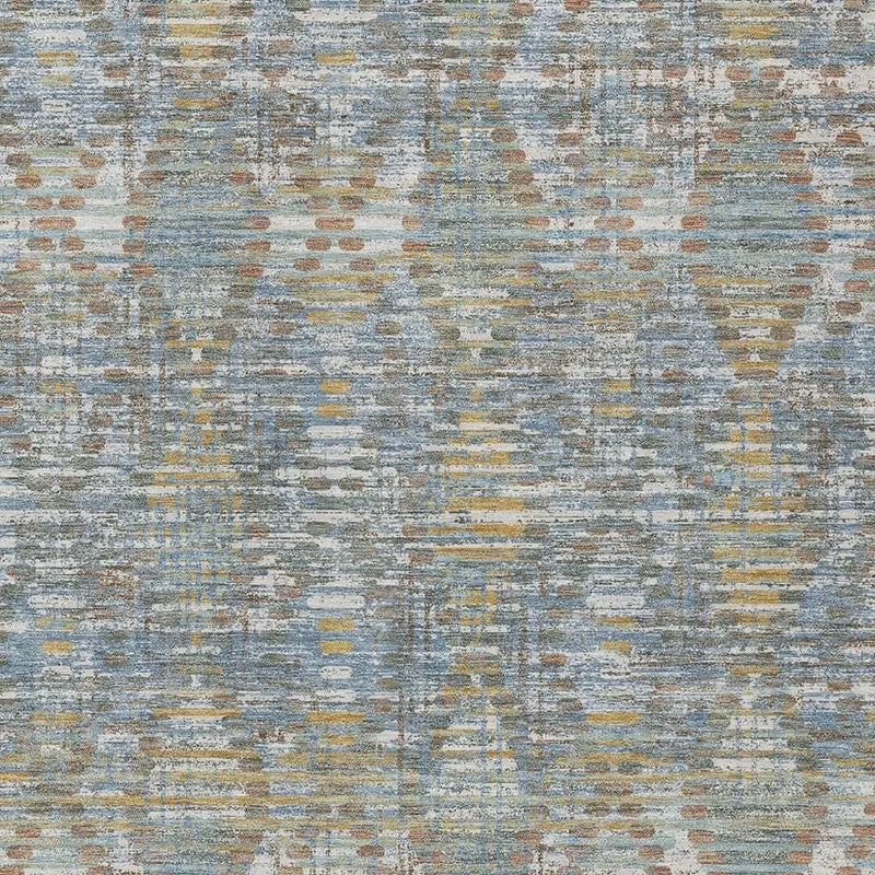 Blue and beige patterned area rug with abstract geometric design, featuring hints of gold for a modern, stylish look.