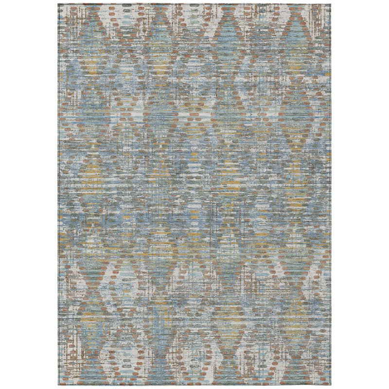 Blue and beige abstract patterned area rug made of soft polypropylene, ideal for modern decor.
