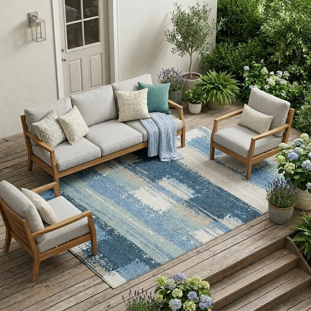 9' X 12' Denim Blue And Blue Geometric Washable Indoor Outdoor Area Rug Homeroots Outdoor