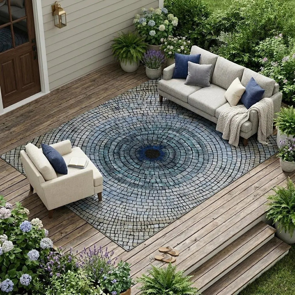 9' X 12' Denim Blue And Blue Geometric Washable Indoor Outdoor Area Rug Homeroots Outdoor