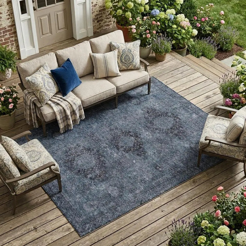 9' X 12' Denim Blue And Blue Oriental Washable Indoor Outdoor Area Rug Homeroots Outdoor