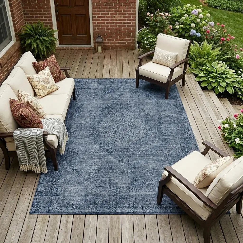 9' X 12' Denim Blue And Blue Oriental Washable Indoor Outdoor Area Rug Homeroots Outdoor