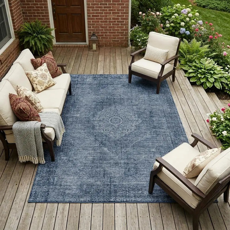 9' X 12' Denim Blue And Blue Oriental Washable Indoor Outdoor Area Rug Homeroots Outdoor