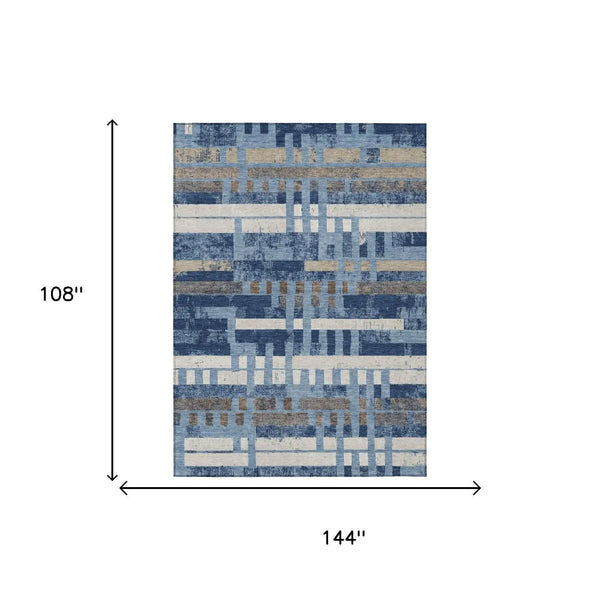 9' X 12' Denim Blue And Blue Striped Washable Indoor Outdoor Area Rug Homeroots Outdoor