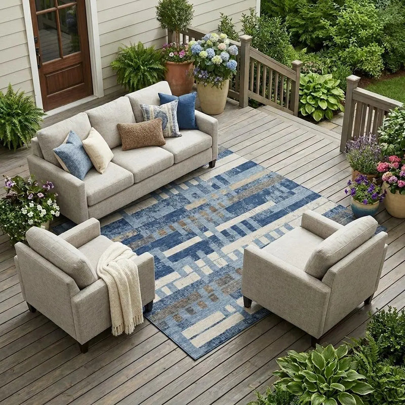 9' X 12' Denim Blue And Blue Striped Washable Indoor Outdoor Area Rug Homeroots Outdoor