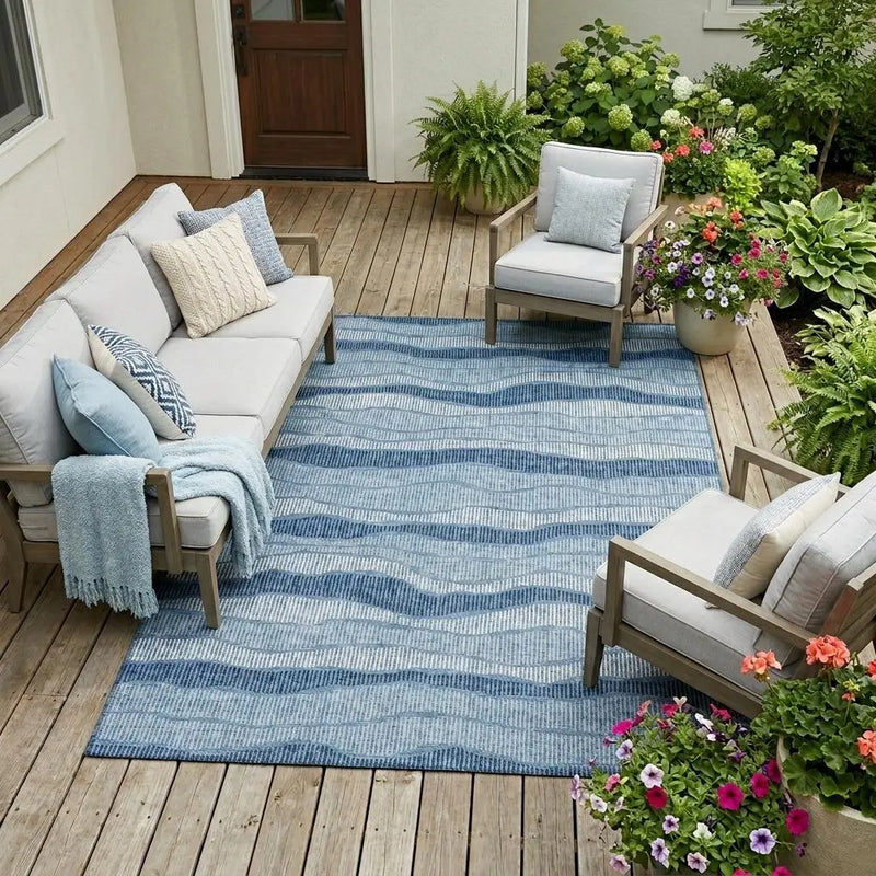 9' X 12' Denim Blue And Blue Striped Washable Indoor Outdoor Area Rug Homeroots Outdoor