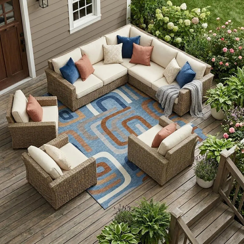 9' X 12' Denim Blue And Copper Geometric Washable Indoor Outdoor Area Rug Homeroots Outdoor