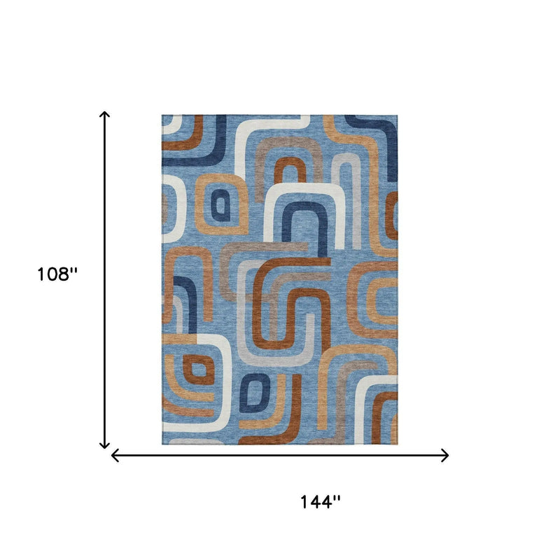 9' X 12' Denim Blue And Copper Geometric Washable Indoor Outdoor Area Rug Homeroots Outdoor