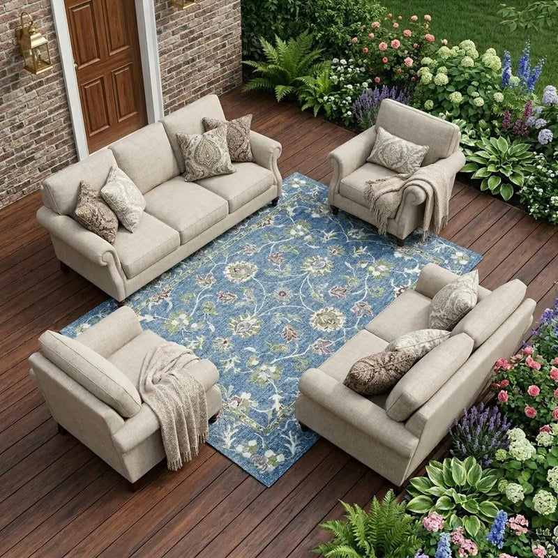 9' X 12' Denim Blue And Ivory Floral Medallion Washable Indoor Outdoor Area Rug Homeroots Outdoor