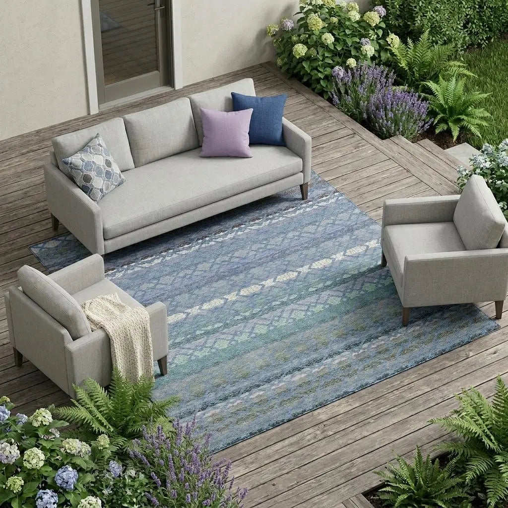 9' X 12' Denim Blue And Sky Blue Striped Washable Indoor Outdoor Area Rug Homeroots Outdoor