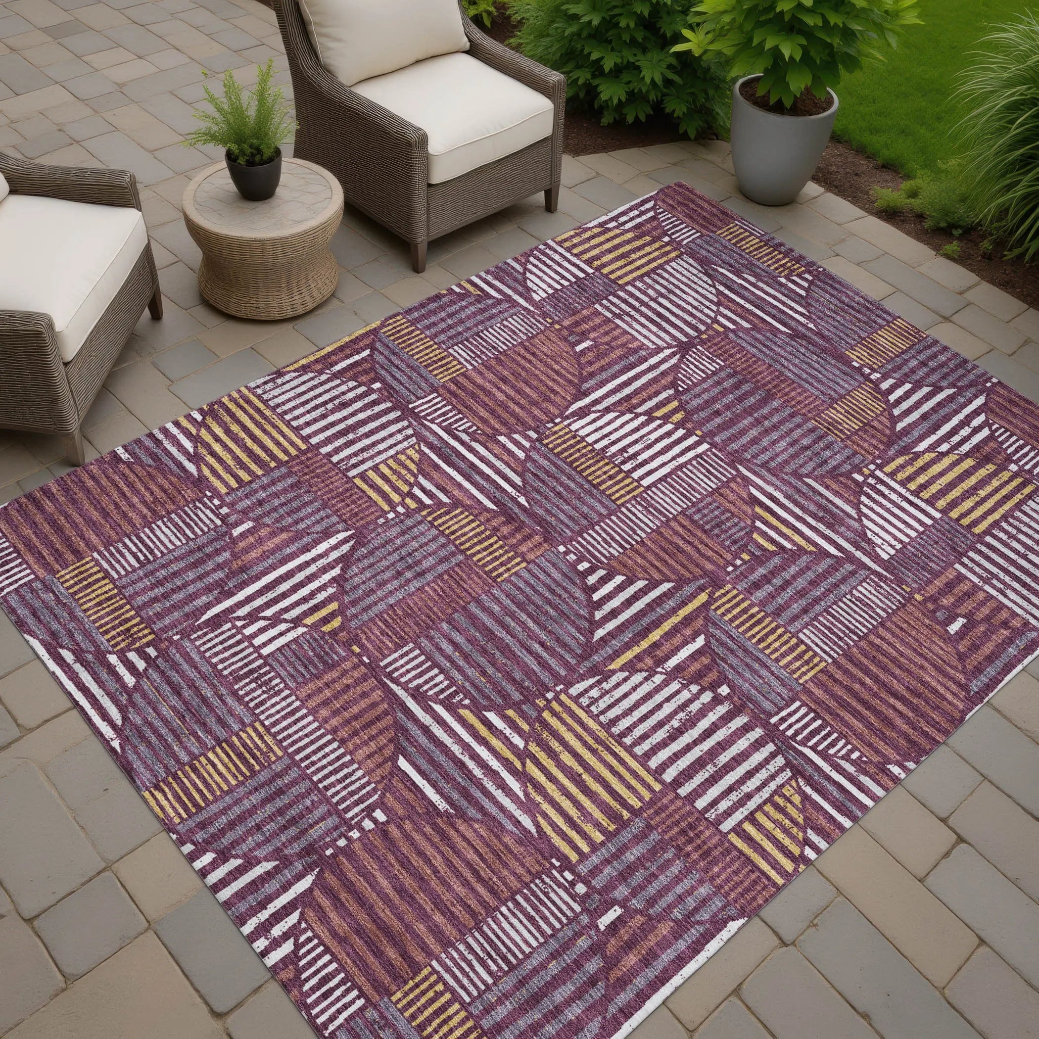 9' X 12' Eggplant And Brown Geometric Washable Indoor Outdoor Area Rug Homeroots Outdoor