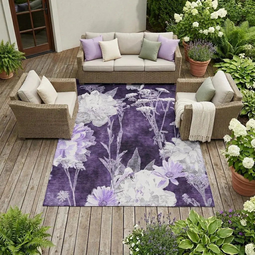 9' X 12' Eggplant And Purple Floral Washable Indoor Outdoor Area Rug Homeroots Outdoor