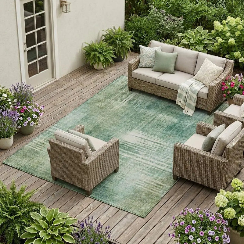 9' X 12' Fern Green And Green Abstract Washable Indoor Outdoor Area Rug Homeroots Outdoor