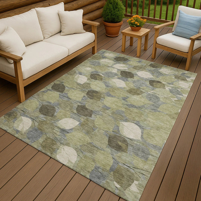 9' X 12' Fern Green And Green Floral Washable Indoor Outdoor Area Rug Homeroots Outdoor