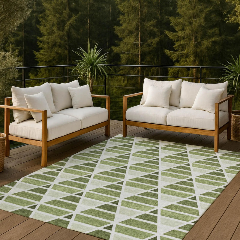 9' X 12' Fern Green And Green Geometric Washable Indoor Outdoor Area Rug Homeroots Outdoor