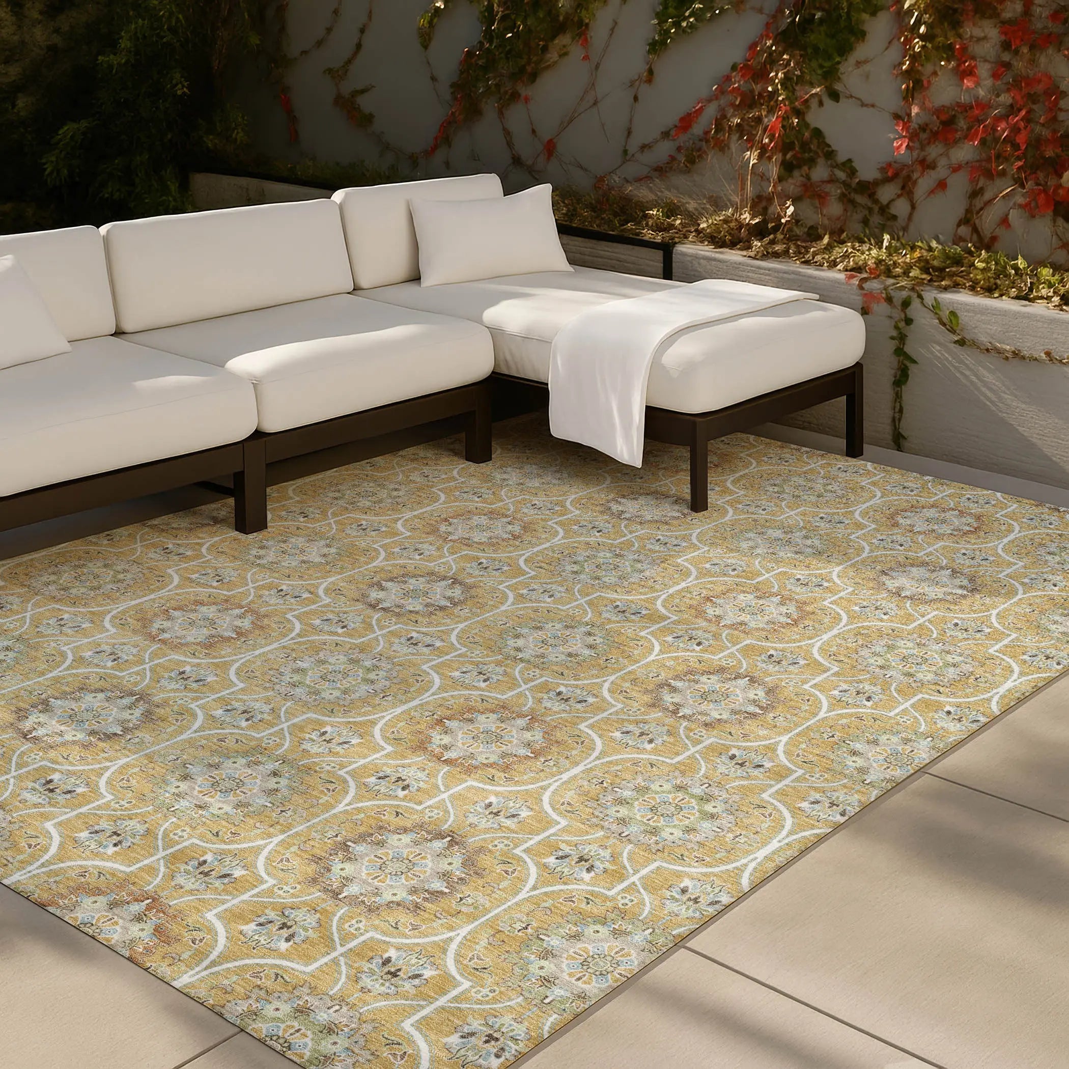 9' X 12' Gold And Beige Floral Medallion Washable Indoor Outdoor Area Rug Homeroots Outdoor