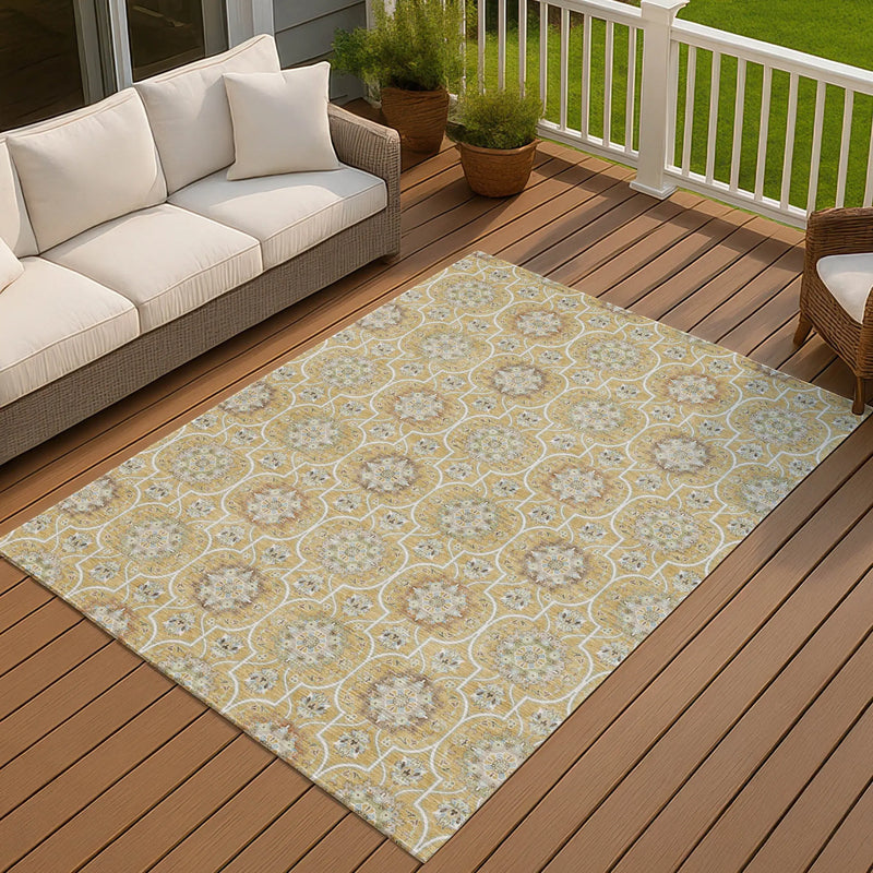9' X 12' Gold And Beige Floral Medallion Washable Indoor Outdoor Area Rug Homeroots Outdoor