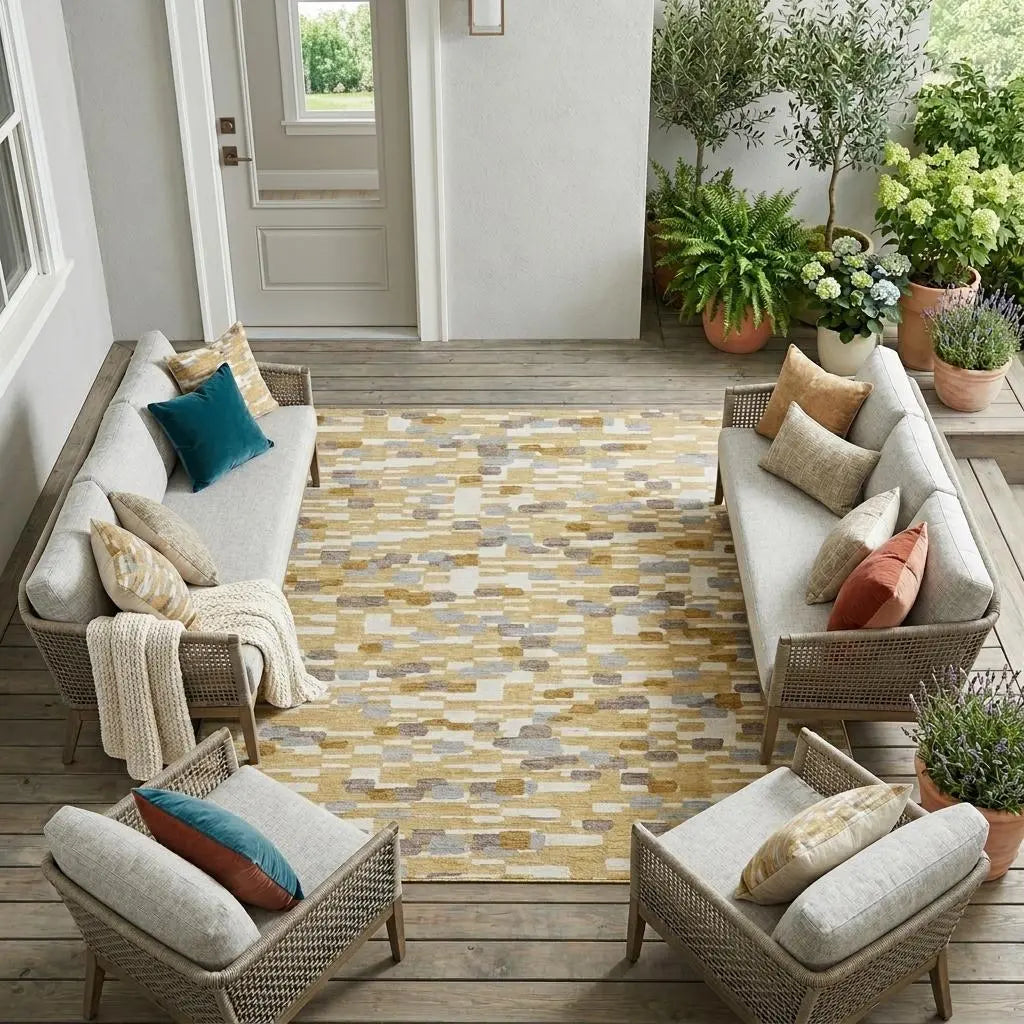 9' X 12' Gold And Beige Geometric Washable Indoor Outdoor Area Rug Homeroots Outdoor