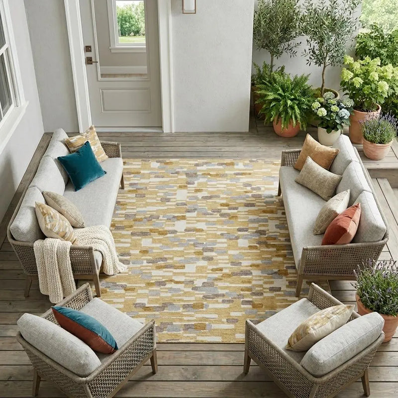 9' X 12' Gold And Beige Geometric Washable Indoor Outdoor Area Rug Homeroots Outdoor