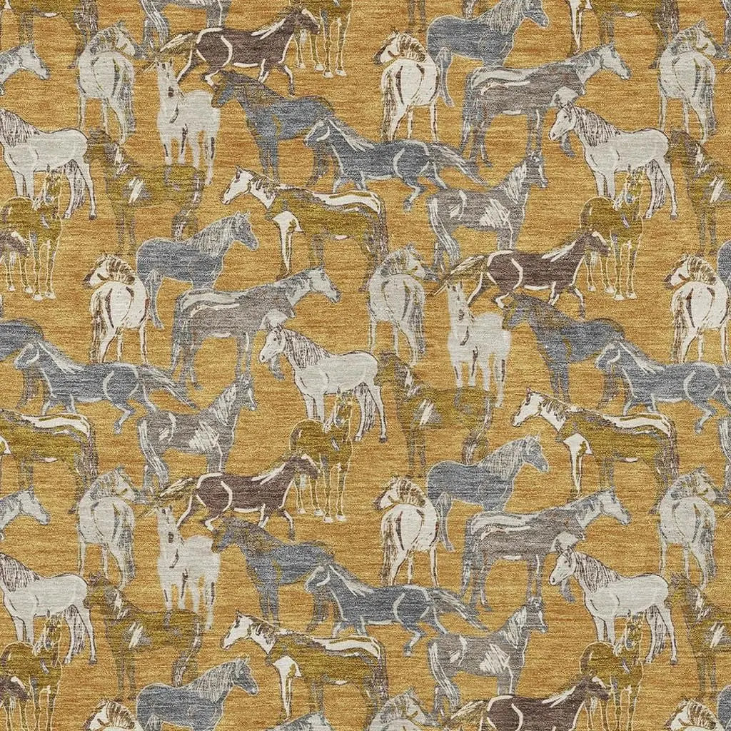 9' X 12' Gold And Beige Horse Washable Indoor Outdoor Area Rug Homeroots Outdoor