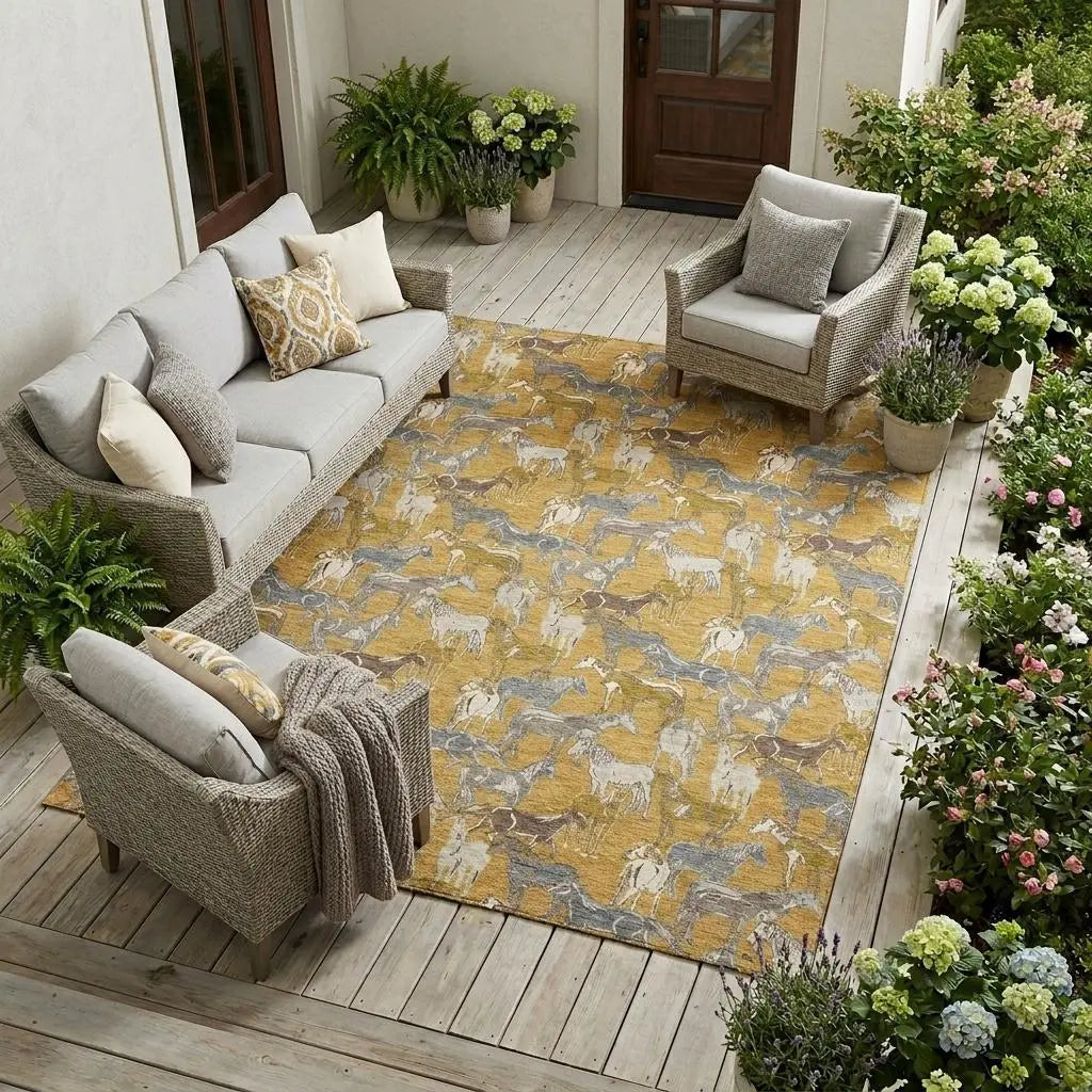 9' X 12' Gold And Beige Horse Washable Indoor Outdoor Area Rug Homeroots Outdoor