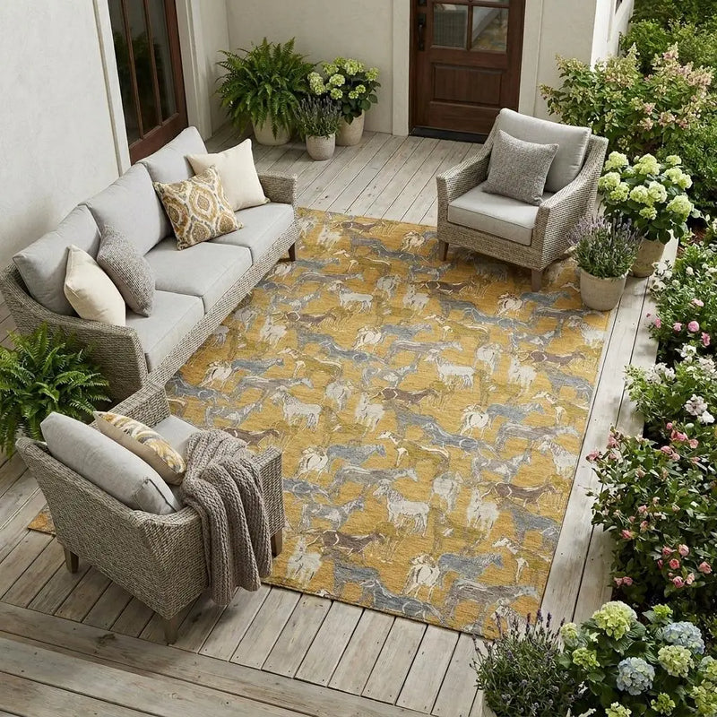 9' X 12' Gold And Beige Horse Washable Indoor Outdoor Area Rug Homeroots Outdoor