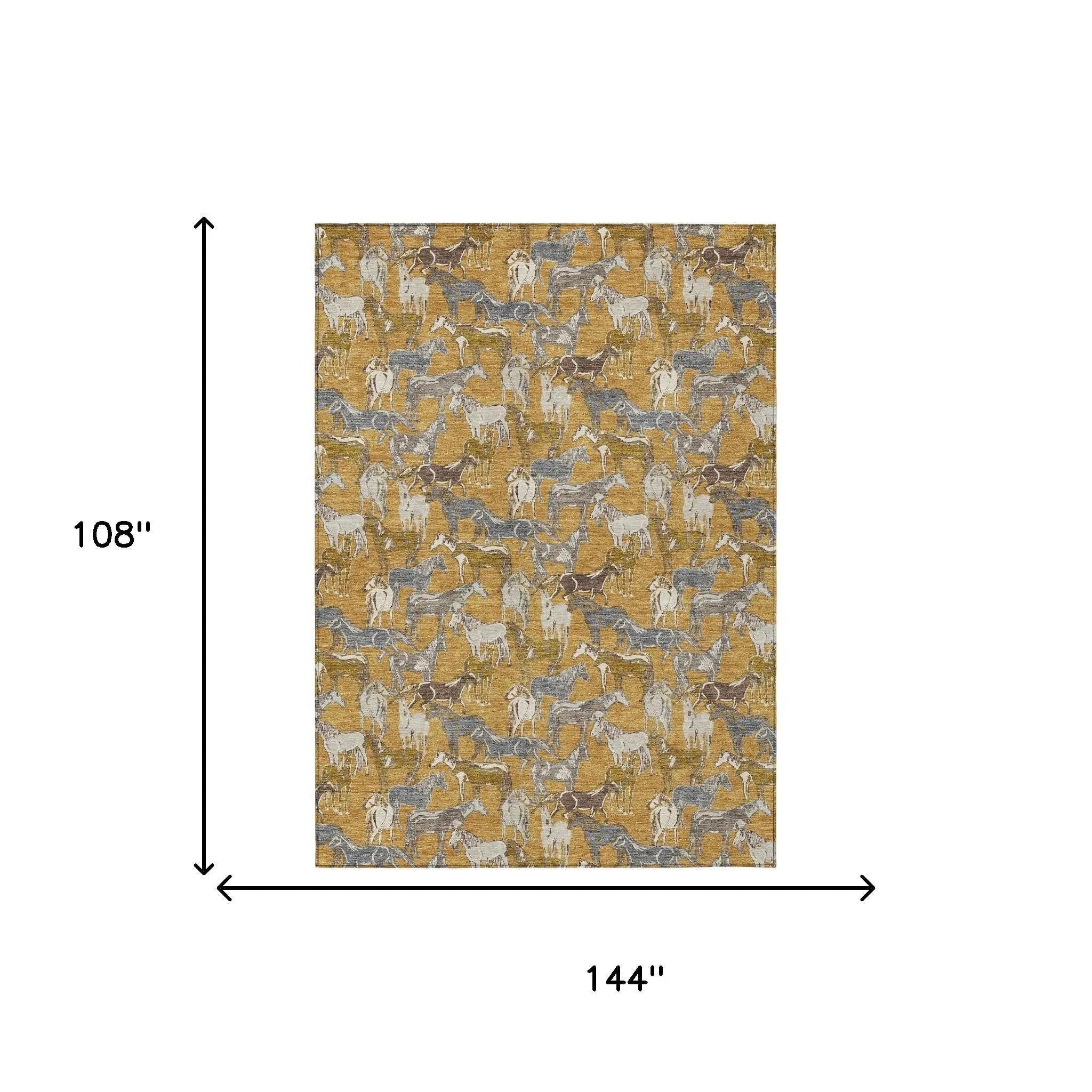 9' X 12' Gold And Beige Horse Washable Indoor Outdoor Area Rug Homeroots Outdoor