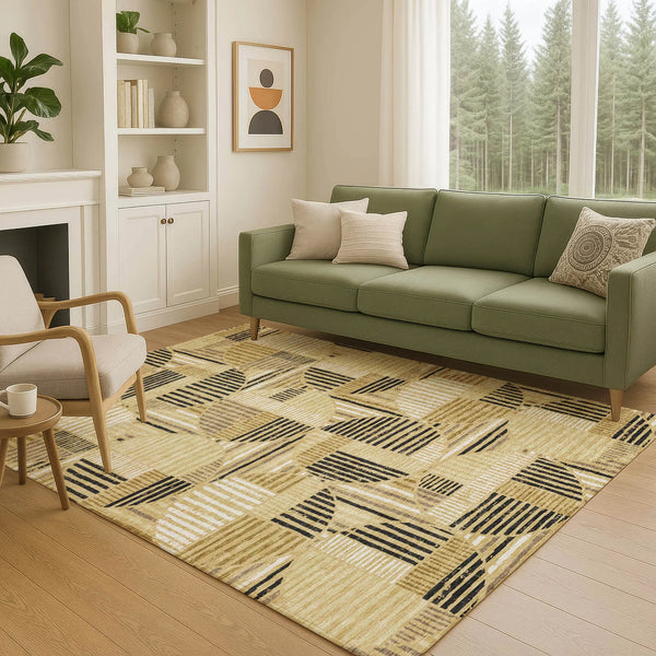 9' X 12' Gold And Blue Geometric Washable Indoor Outdoor Area Rug Homeroots Outdoor