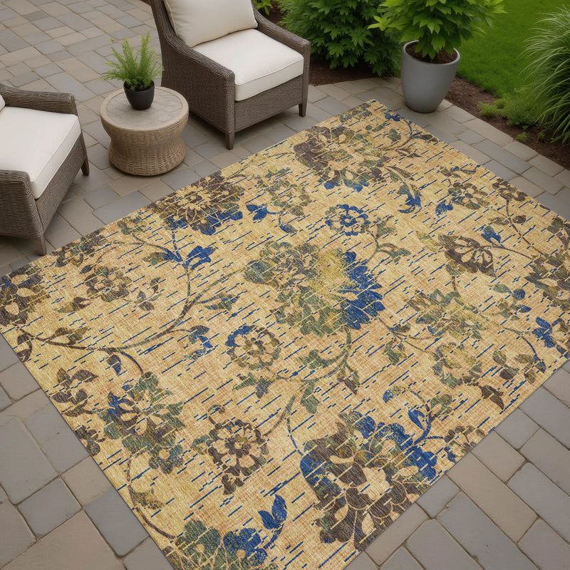 9' X 12' Gold And Brown Floral Washable Indoor Outdoor Area Rug Homeroots Outdoor