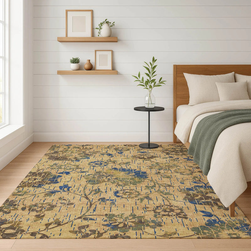 9' X 12' Gold And Brown Floral Washable Indoor Outdoor Area Rug Homeroots Outdoor
