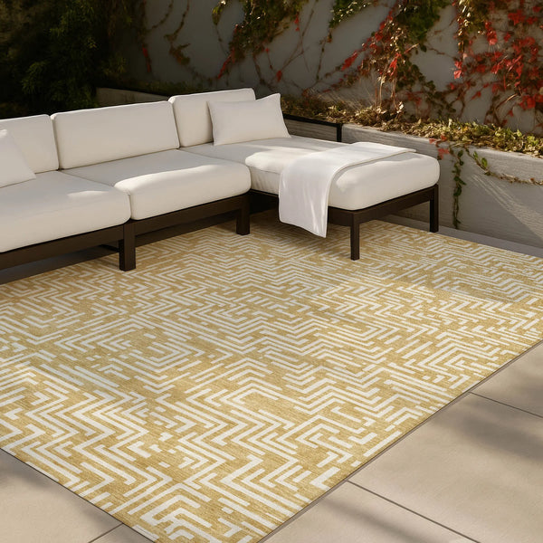 9' X 12' Gold And Brown Geometric Washable Indoor Outdoor Area Rug Homeroots Outdoor