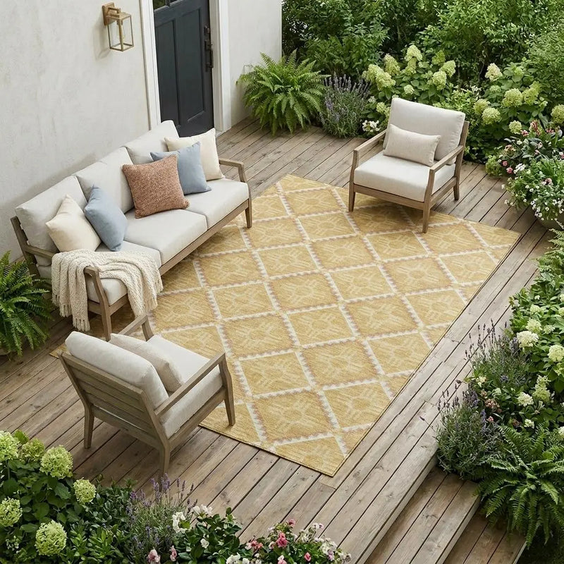 9' X 12' Gold And Brown Geometric Washable Indoor Outdoor Area Rug Homeroots Outdoor