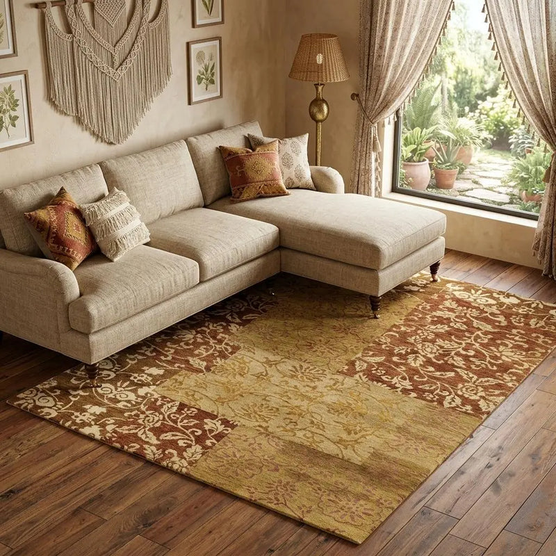 9' X 12' Gold And Brown Patchwork Hand Knotted Area Rug Homeroots Home Decor