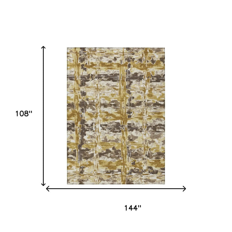 9' X 12' Gold And Coffee Abstract Washable Indoor Outdoor Area Rug Homeroots Outdoor