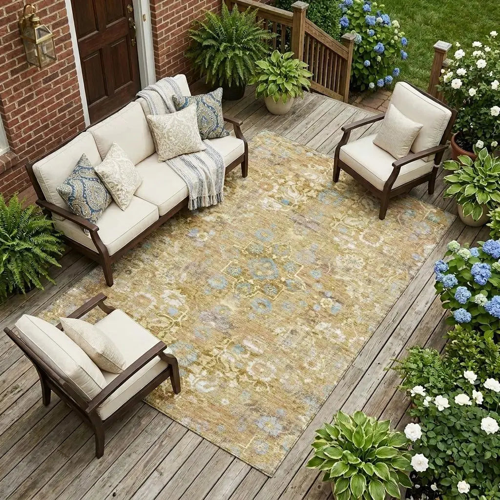 9' X 12' Gold And Copper Floral Medallion Washable Indoor Outdoor Area Rug Homeroots Outdoor