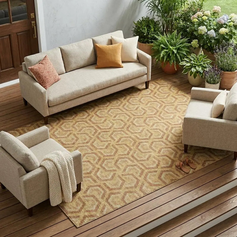 9' X 12' Gold And Copper Geometric Washable Indoor Outdoor Area Rug Homeroots Outdoor
