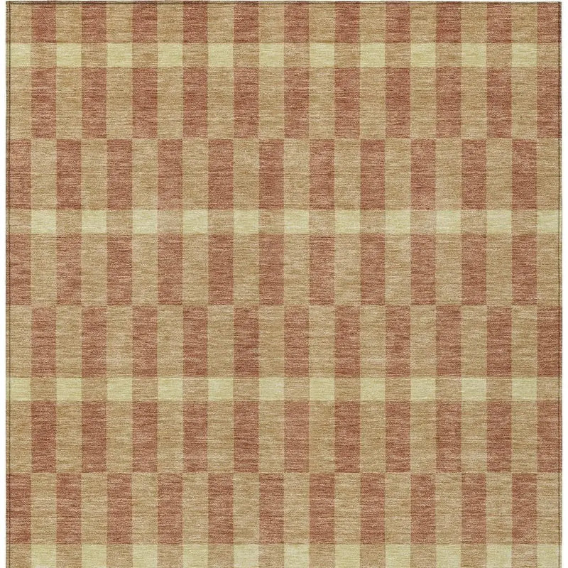 Brown and beige checkered area rug, soft wool blend, classic farmhouse style, ideal for cozy living spaces.