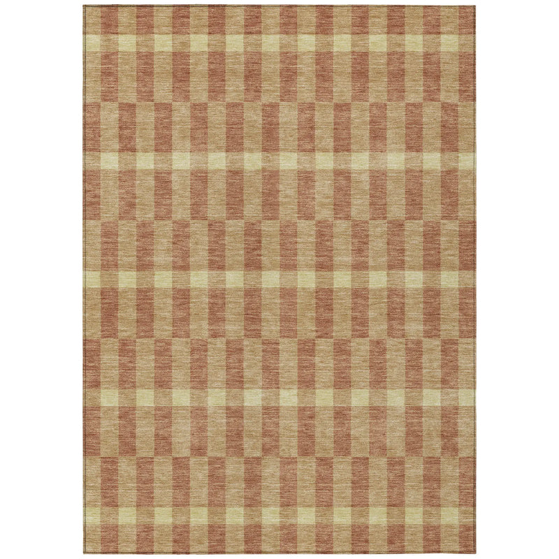 Rustic red and beige checked area rug, made of durable woven fibers, perfect for farmhouse-style decor.